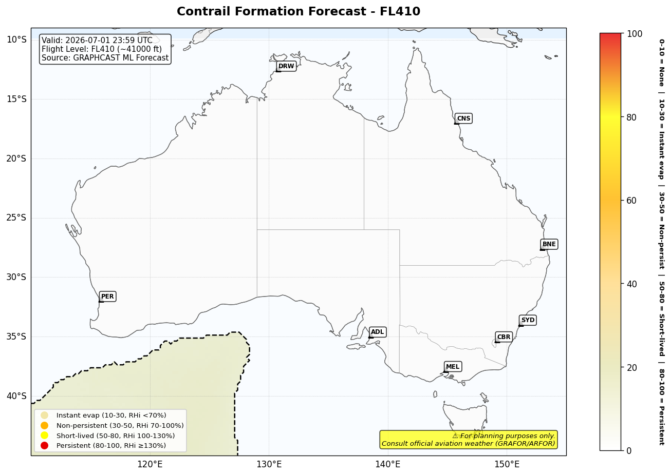 Contrail forecast for FL410 at 2026-07-01 23:59 UTC