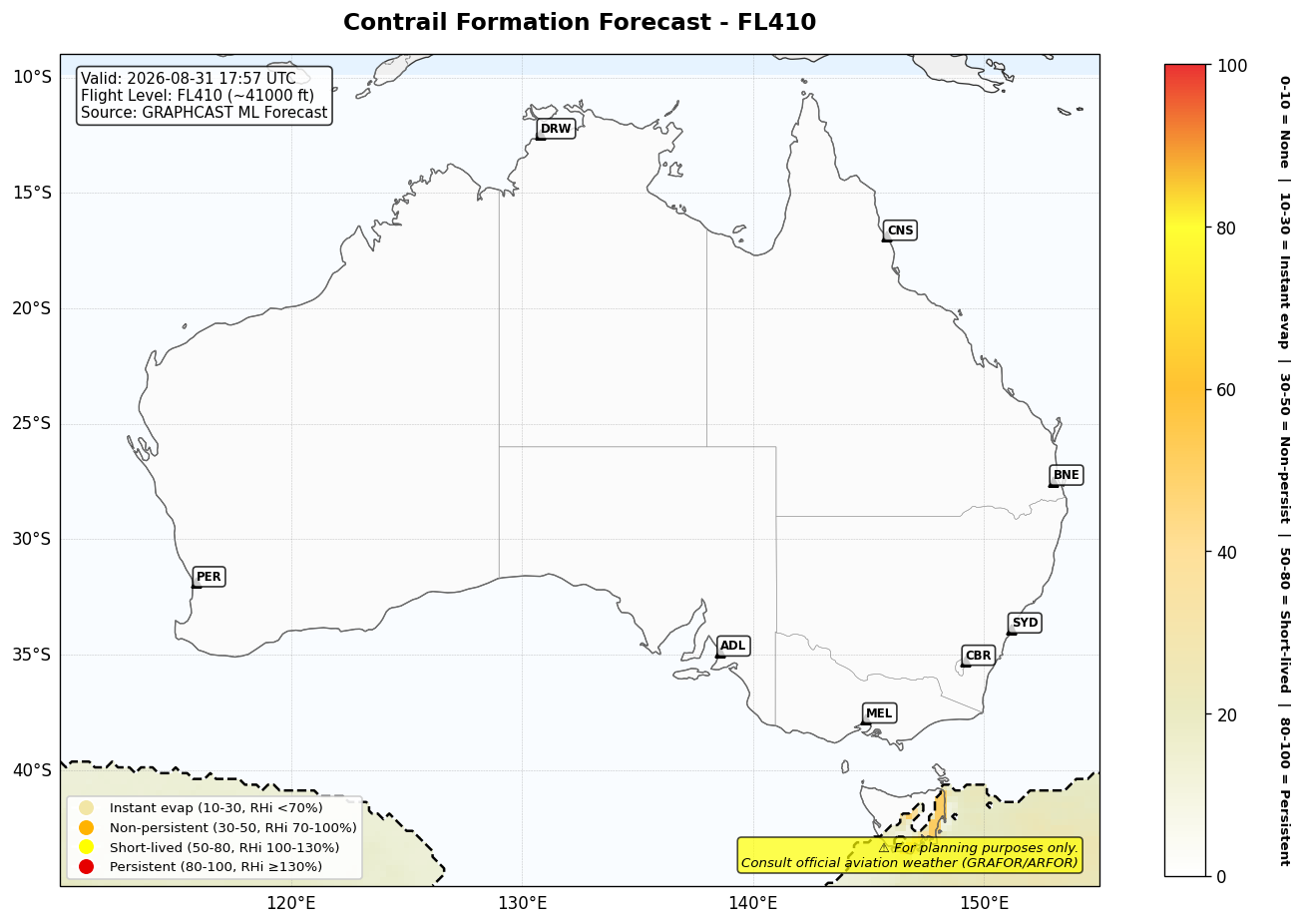 Contrail forecast for FL410 at 2026-08-31 17:57 UTC