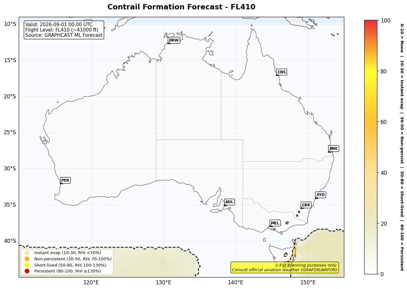 Contrail forecast for FL410 at 2026-09-01 00:00 UTC