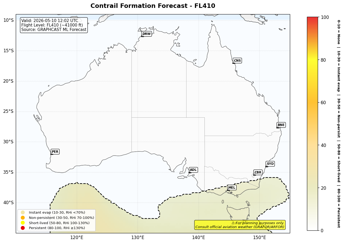 Contrail forecast for FL410 at 2026-05-10 12:02 UTC