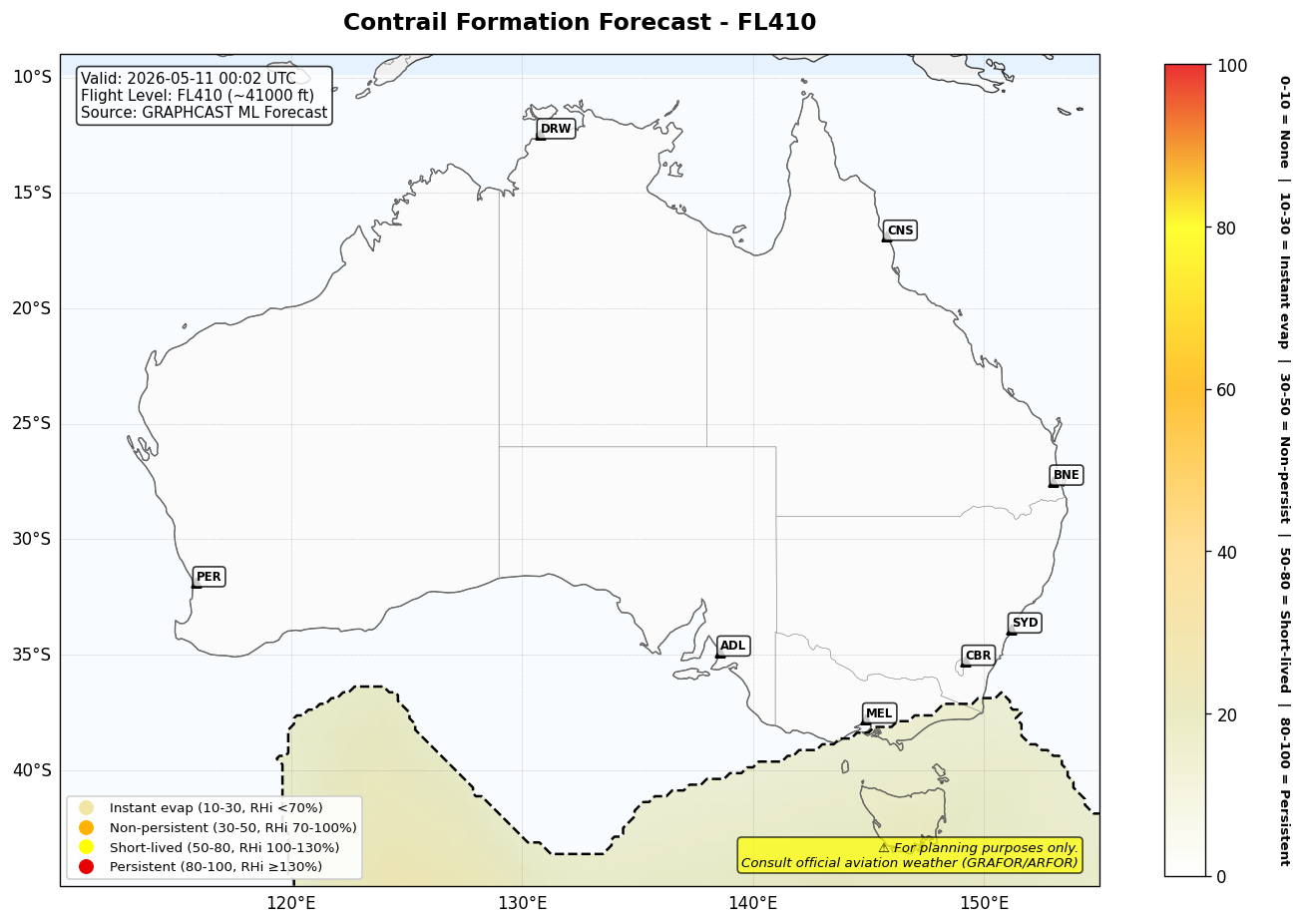 Contrail forecast for FL410 at 2026-05-11 00:02 UTC