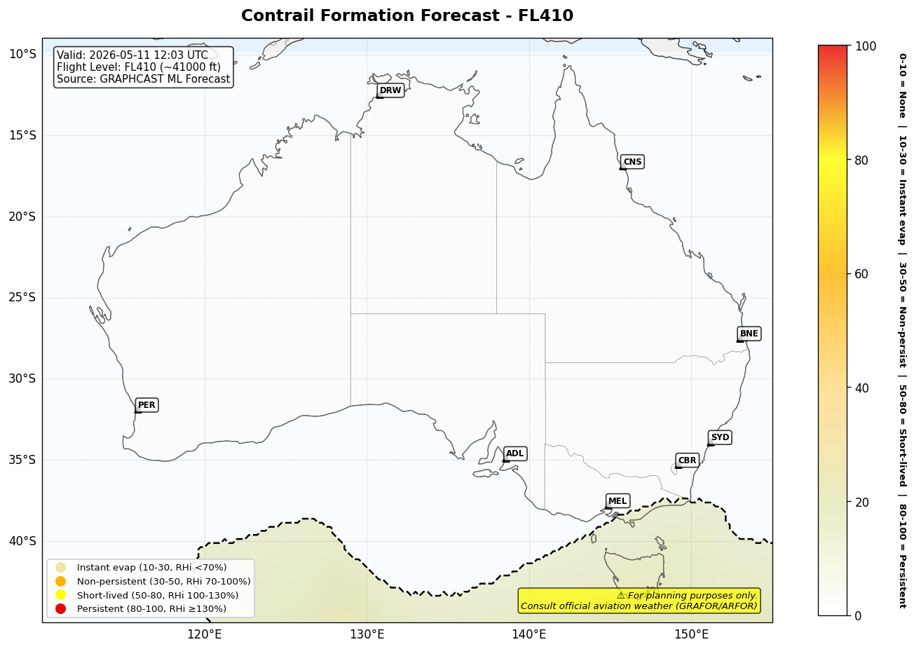 Contrail forecast for FL410 at 2026-05-11 12:03 UTC
