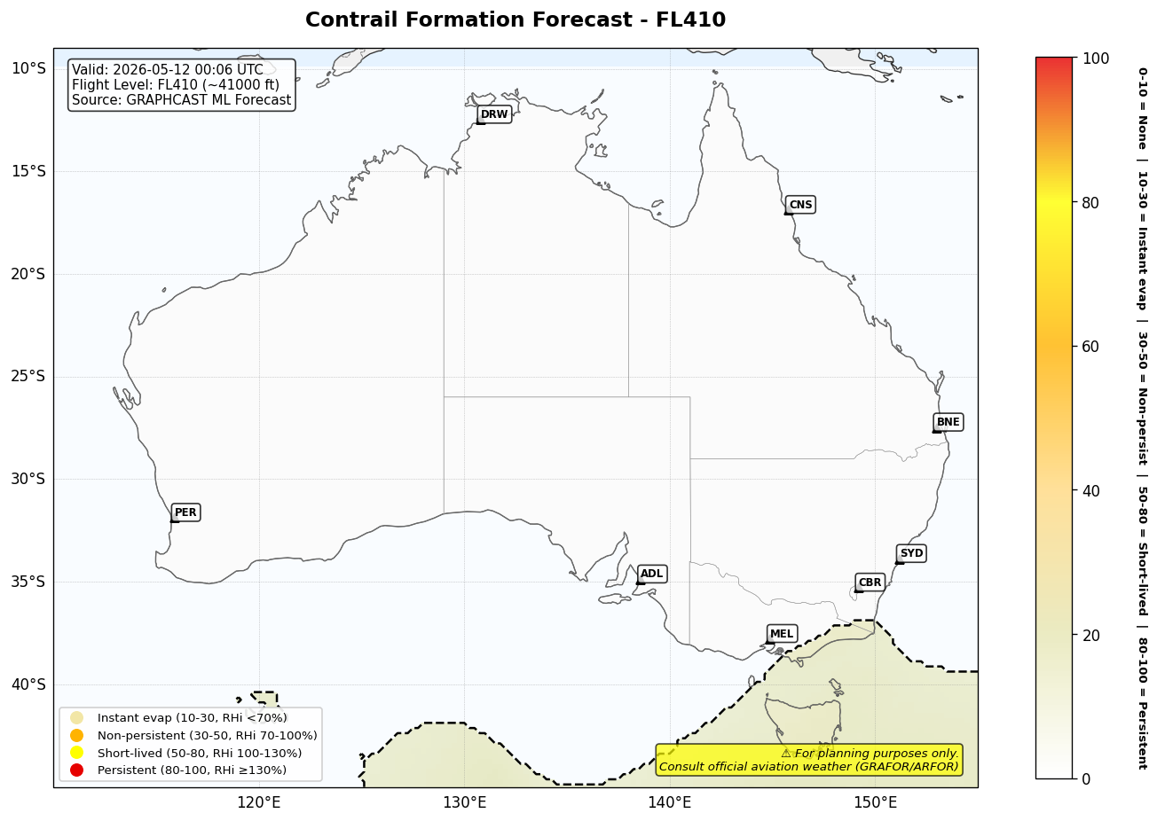 Contrail forecast for FL410 at 2026-05-12 00:06 UTC
