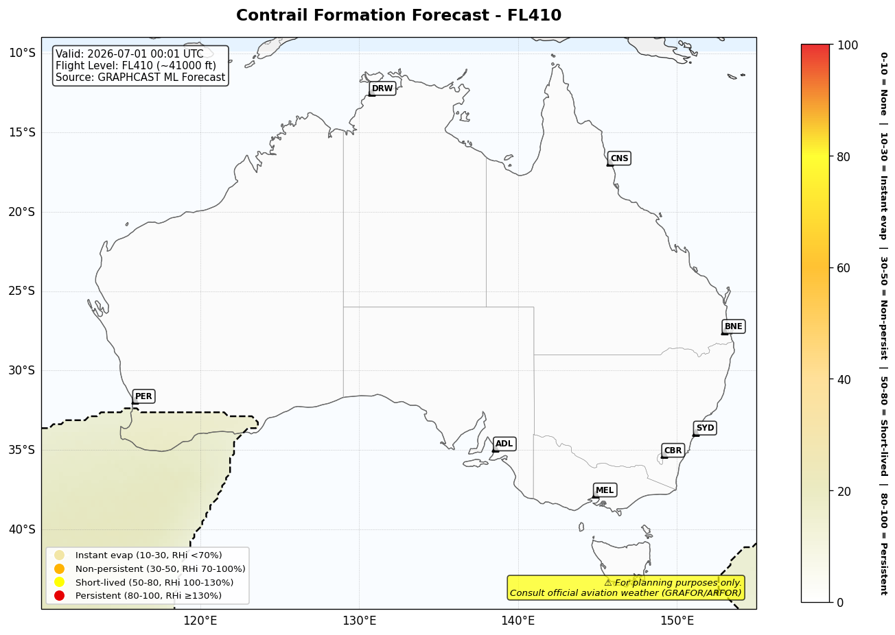 Contrail forecast for FL410 at 2026-07-01 00:01 UTC