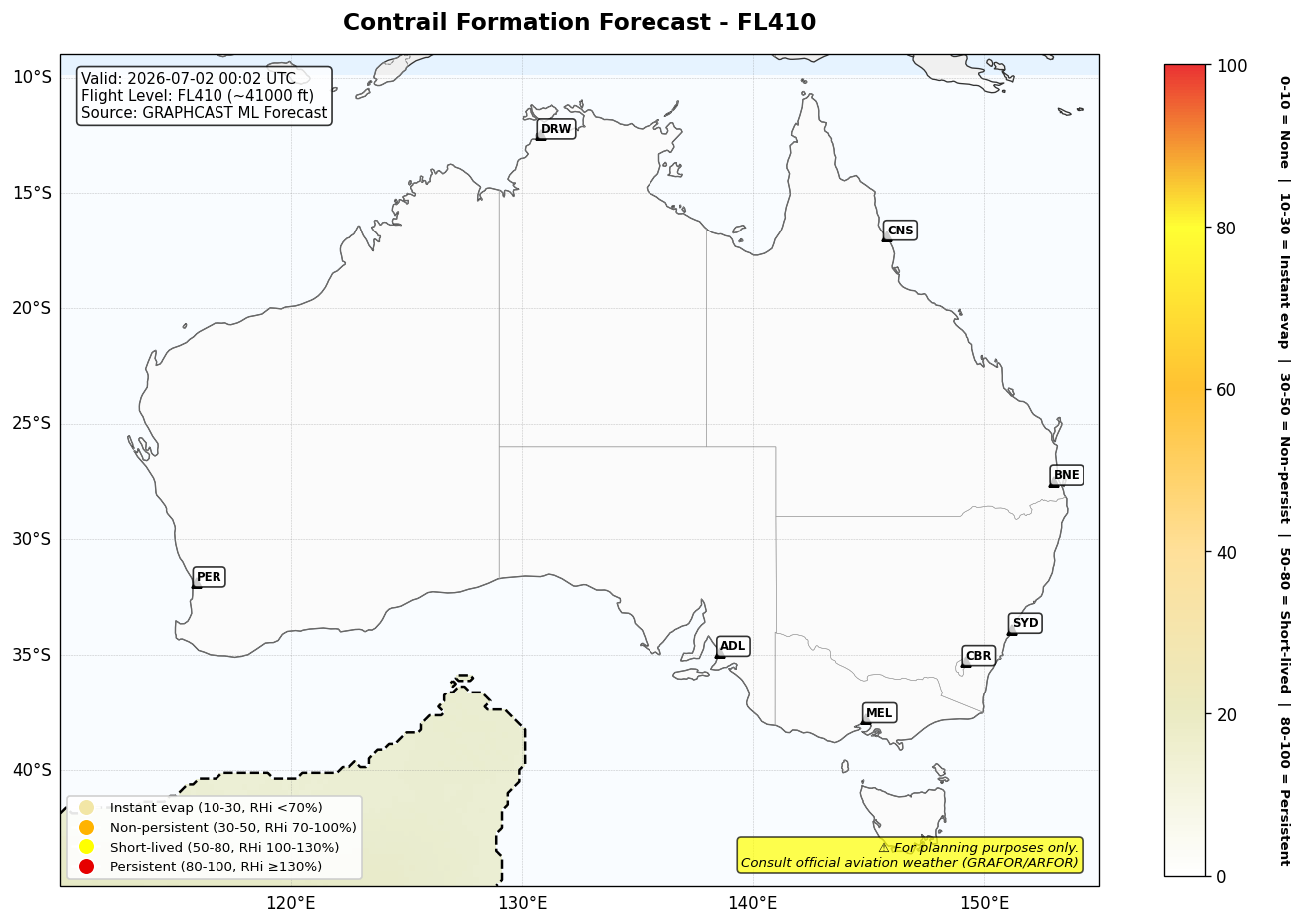 Contrail forecast for FL410 at 2026-07-02 00:02 UTC