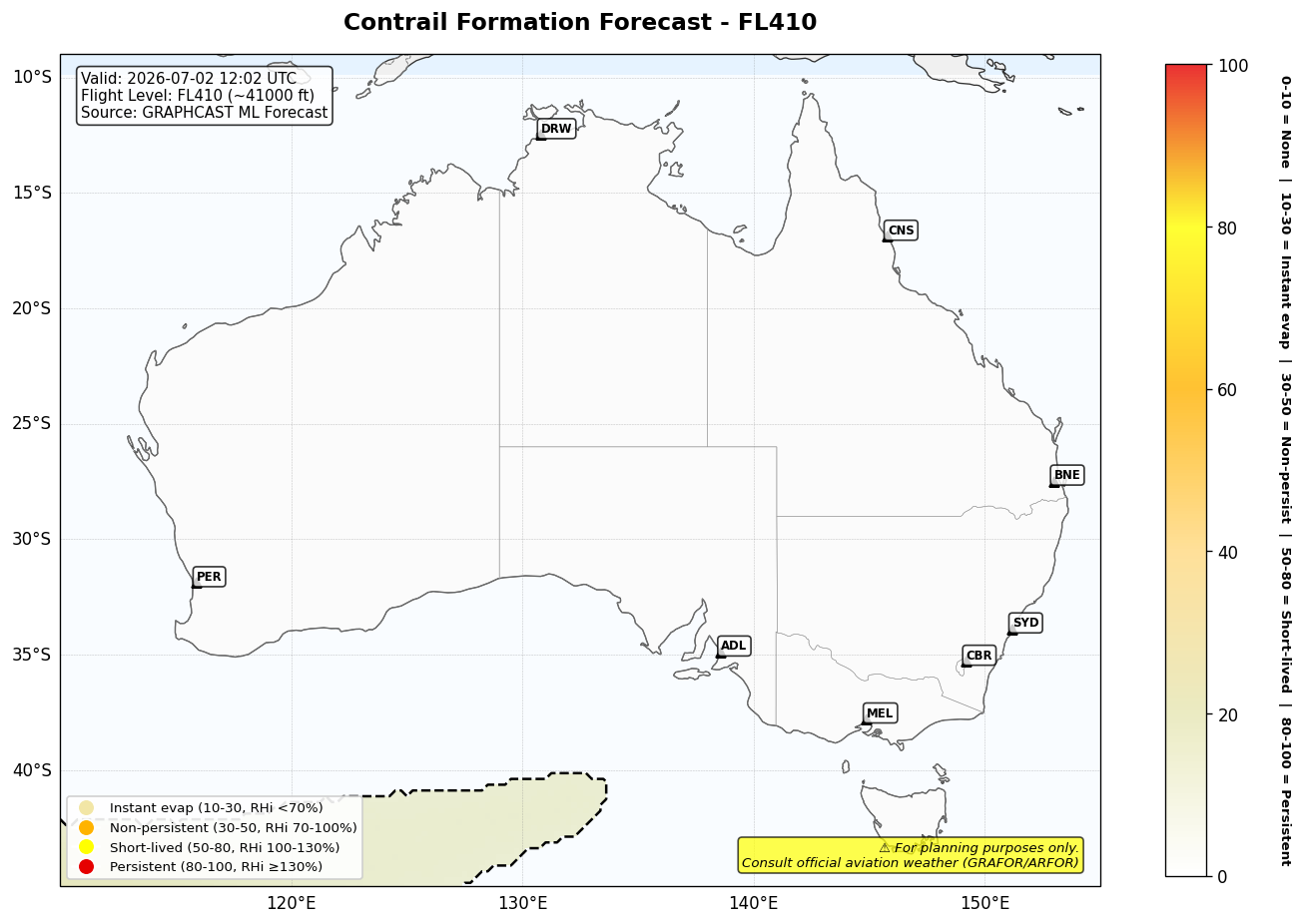 Contrail forecast for FL410 at 2026-07-02 12:02 UTC