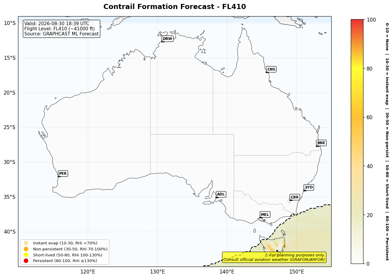 Contrail forecast for FL410 at 2026-08-30 18:39 UTC