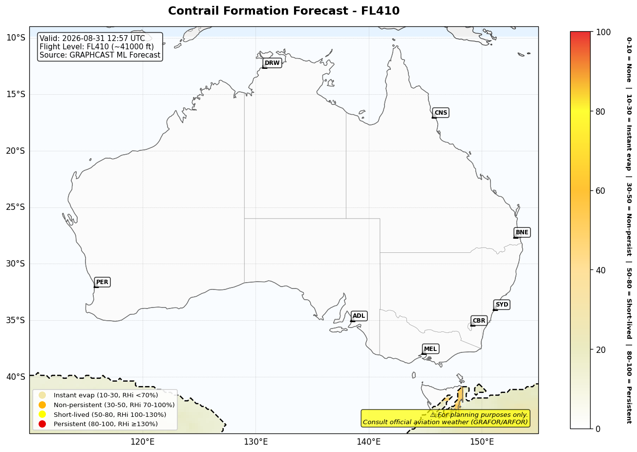 Contrail forecast for FL410 at 2026-08-31 12:57 UTC