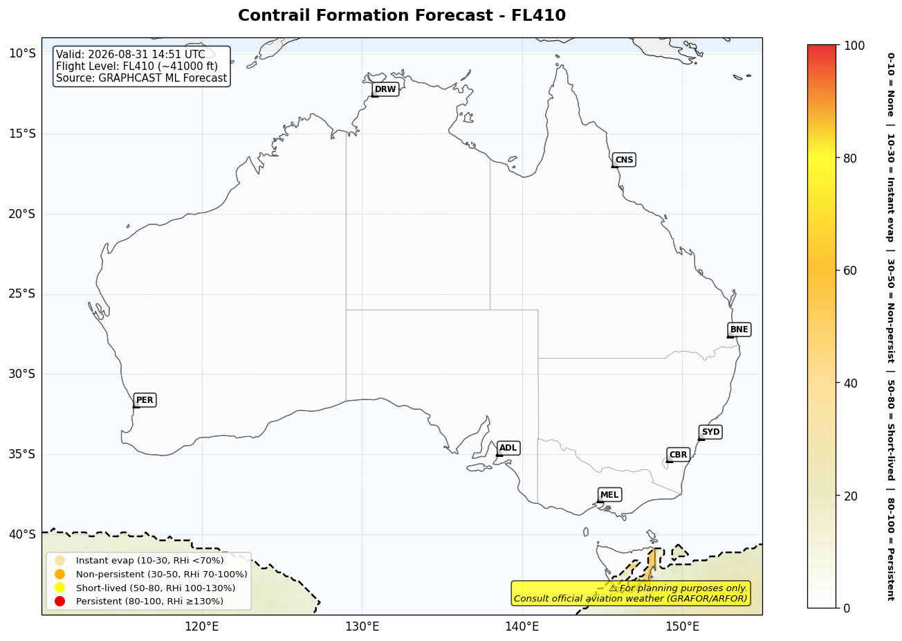Contrail forecast for FL410 at 2026-08-31 14:51 UTC