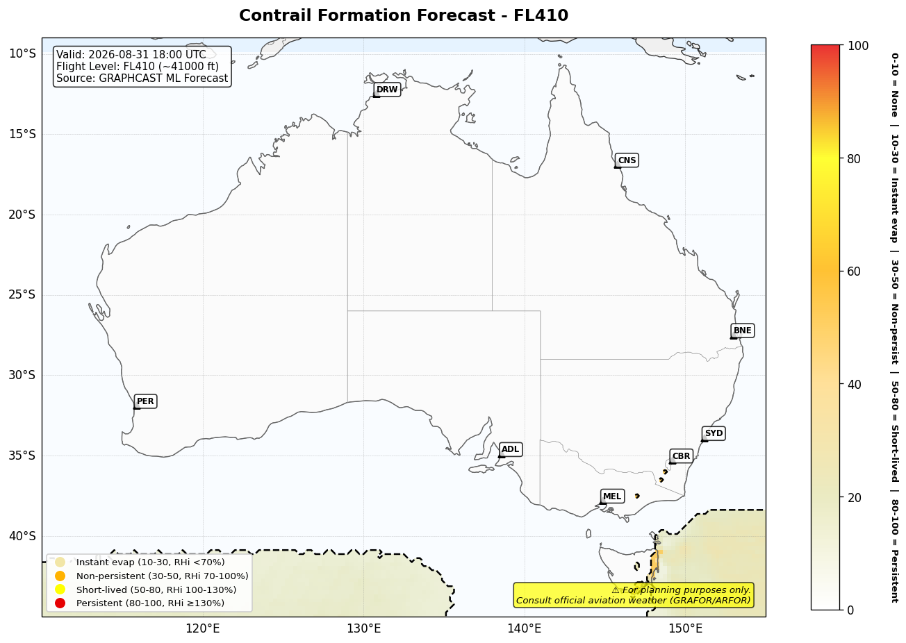 Contrail forecast for FL410 at 2026-08-31 18:00 UTC
