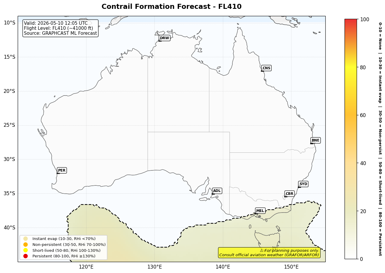 Contrail forecast for FL410 at 2026-05-10 12:05 UTC
