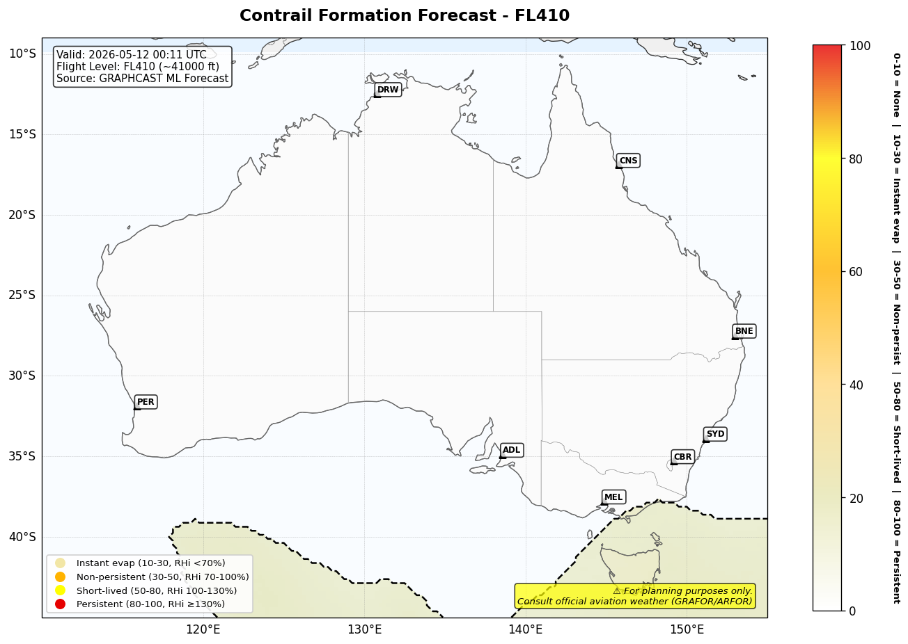 Contrail forecast for FL410 at 2026-05-12 00:11 UTC
