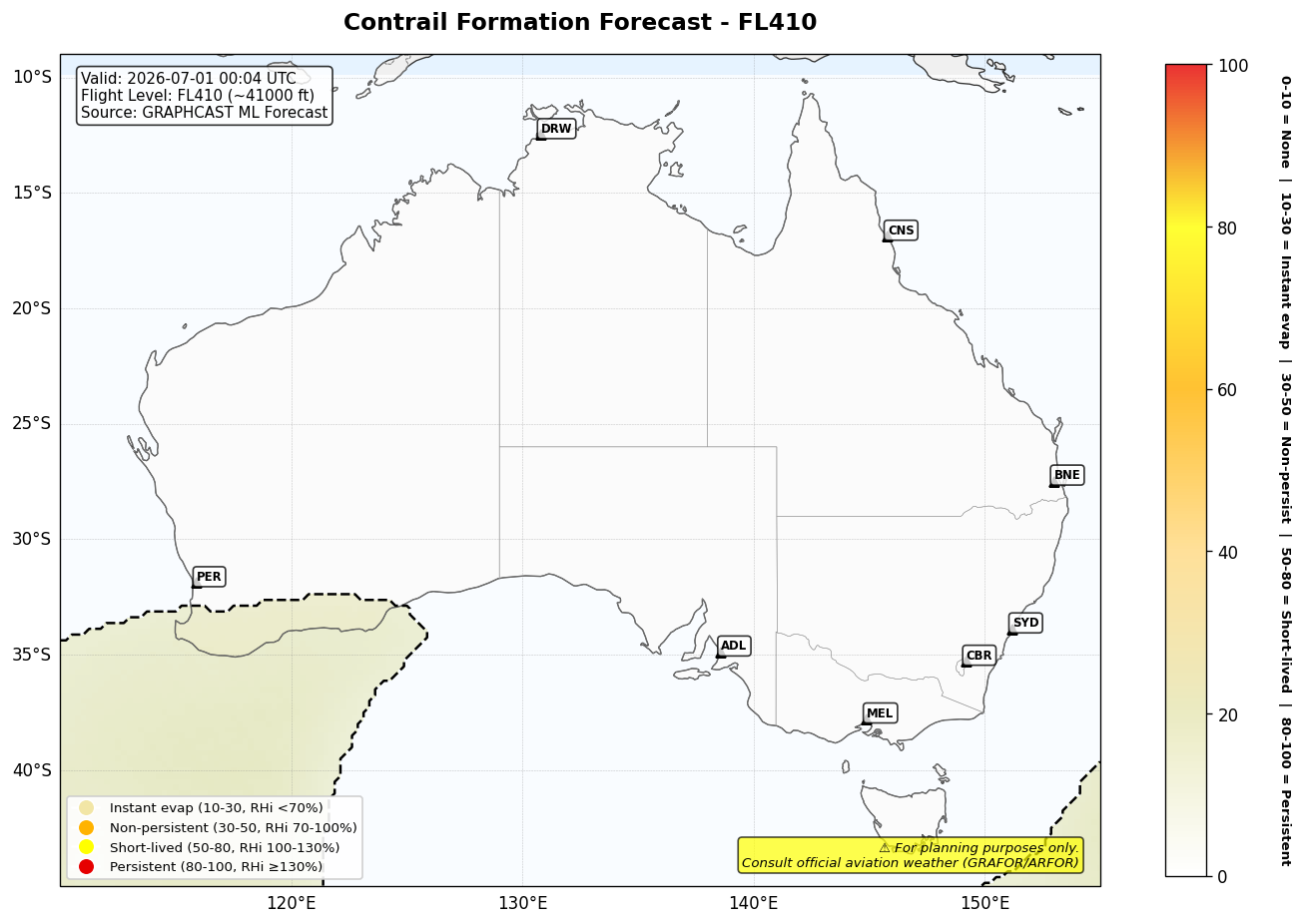 Contrail forecast for FL410 at 2026-07-01 00:04 UTC