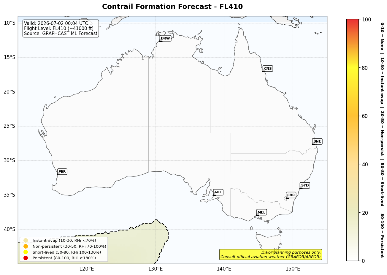 Contrail forecast for FL410 at 2026-07-02 00:04 UTC
