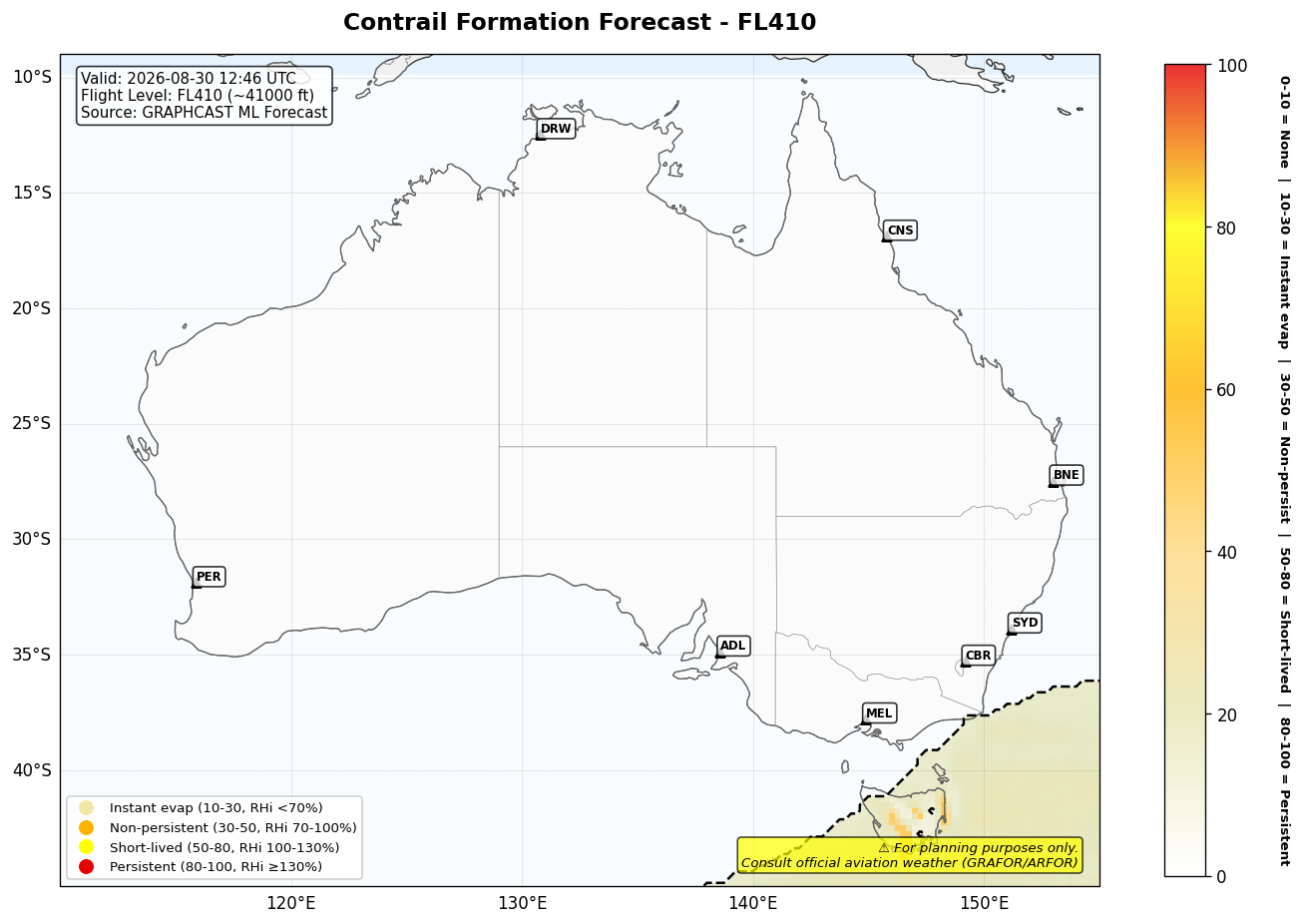 Contrail forecast for FL410 at 2026-08-30 12:46 UTC