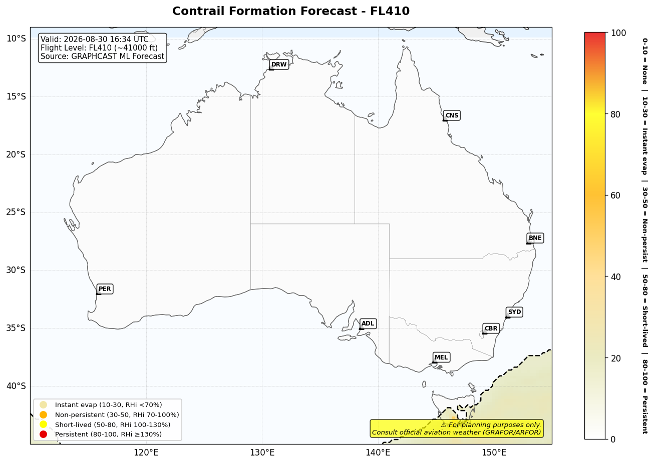 Contrail forecast for FL410 at 2026-08-30 16:34 UTC