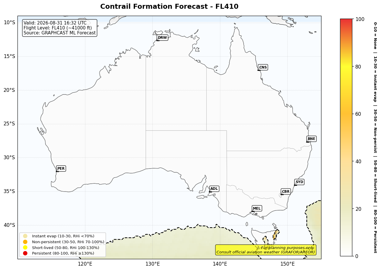 Contrail forecast for FL410 at 2026-08-31 16:32 UTC