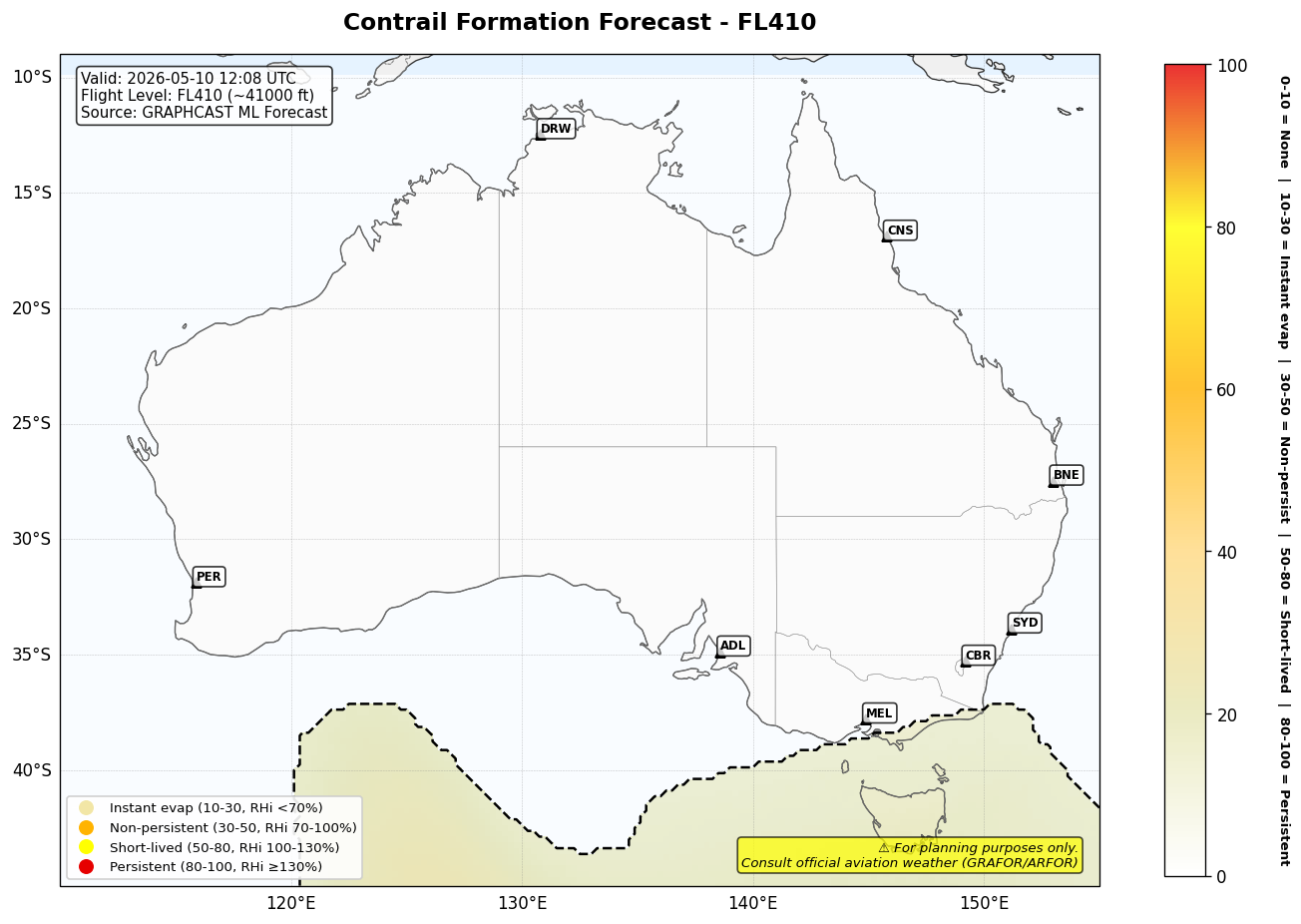 Contrail forecast for FL410 at 2026-05-10 12:08 UTC