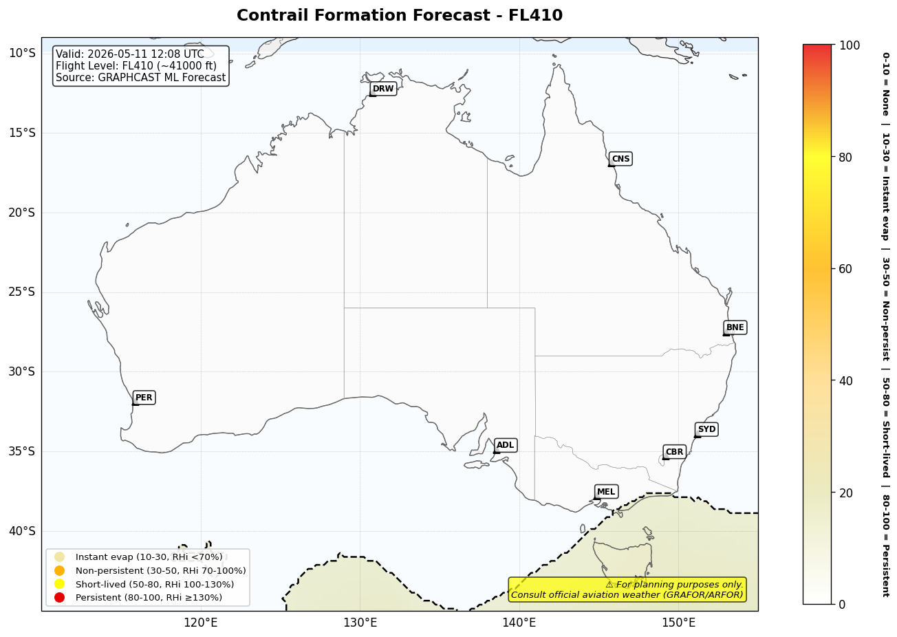 Contrail forecast for FL410 at 2026-05-11 12:08 UTC