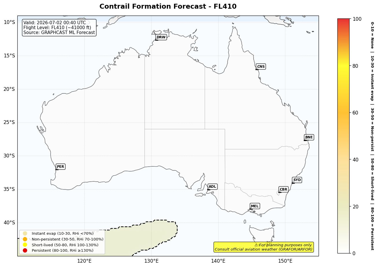 Contrail forecast for FL410 at 2026-07-02 00:40 UTC