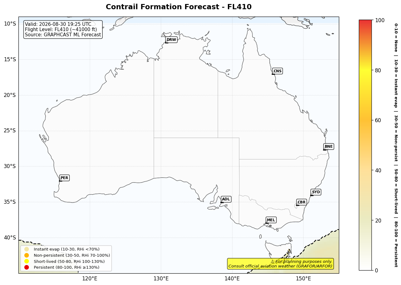 Contrail forecast for FL410 at 2026-08-30 19:25 UTC