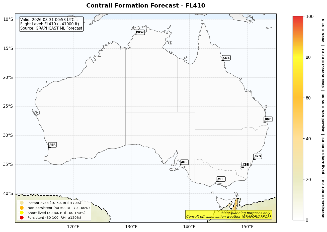 Contrail forecast for FL410 at 2026-08-31 00:53 UTC