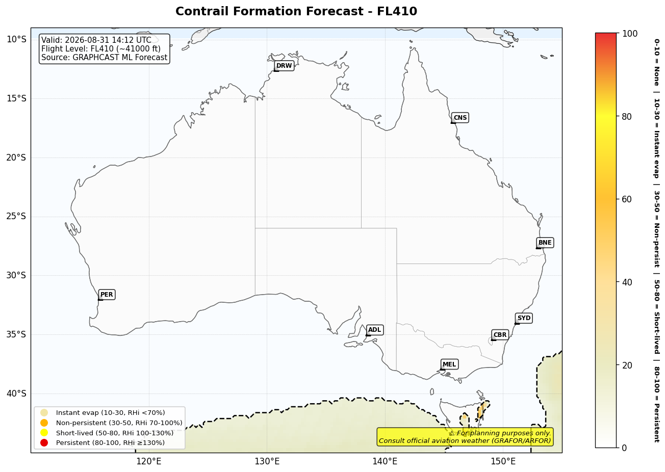 Contrail forecast for FL410 at 2026-08-31 14:12 UTC