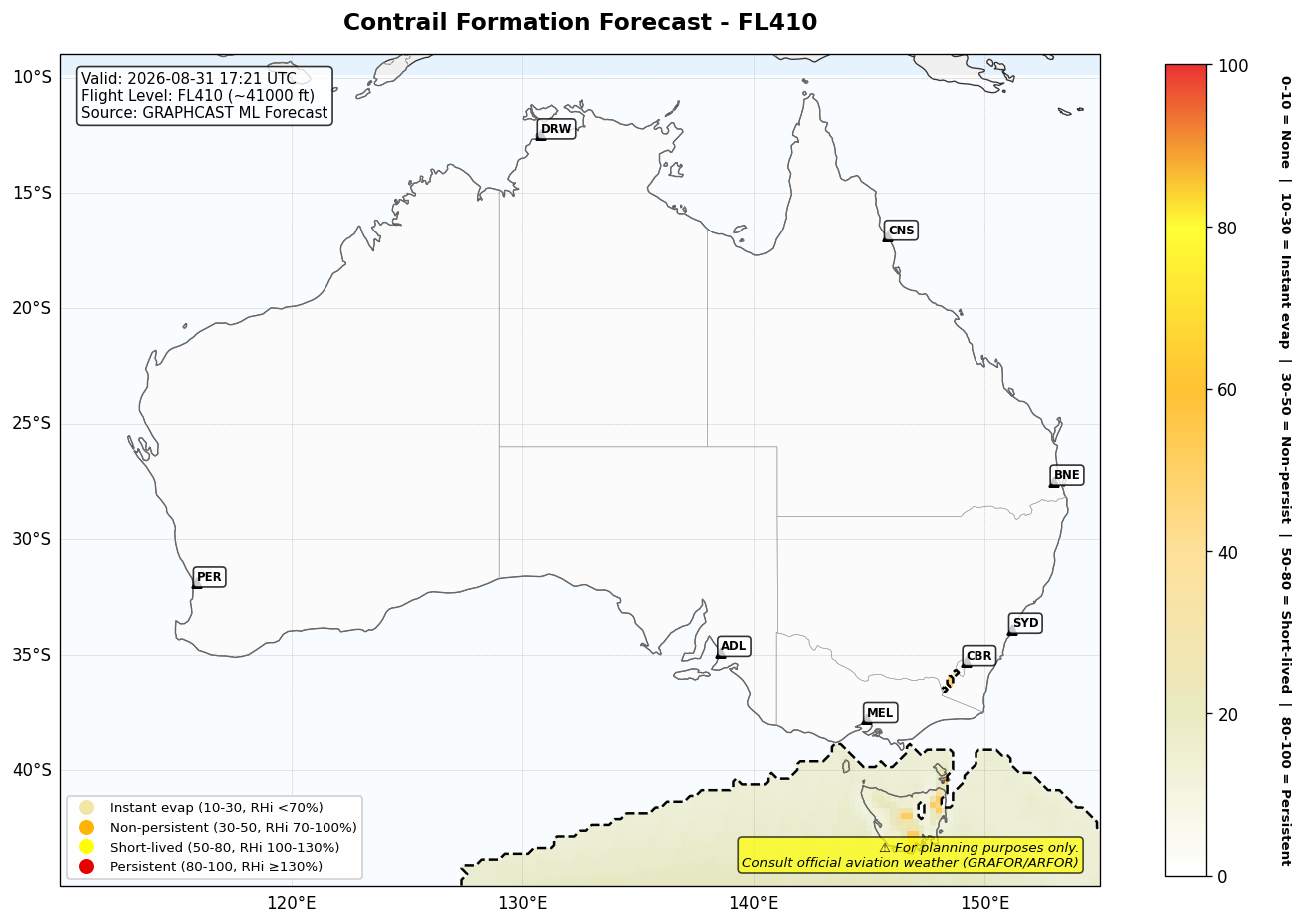 Contrail forecast for FL410 at 2026-08-31 17:21 UTC