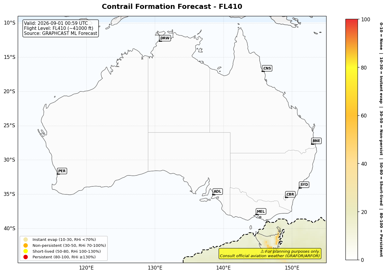 Contrail forecast for FL410 at 2026-09-01 00:59 UTC