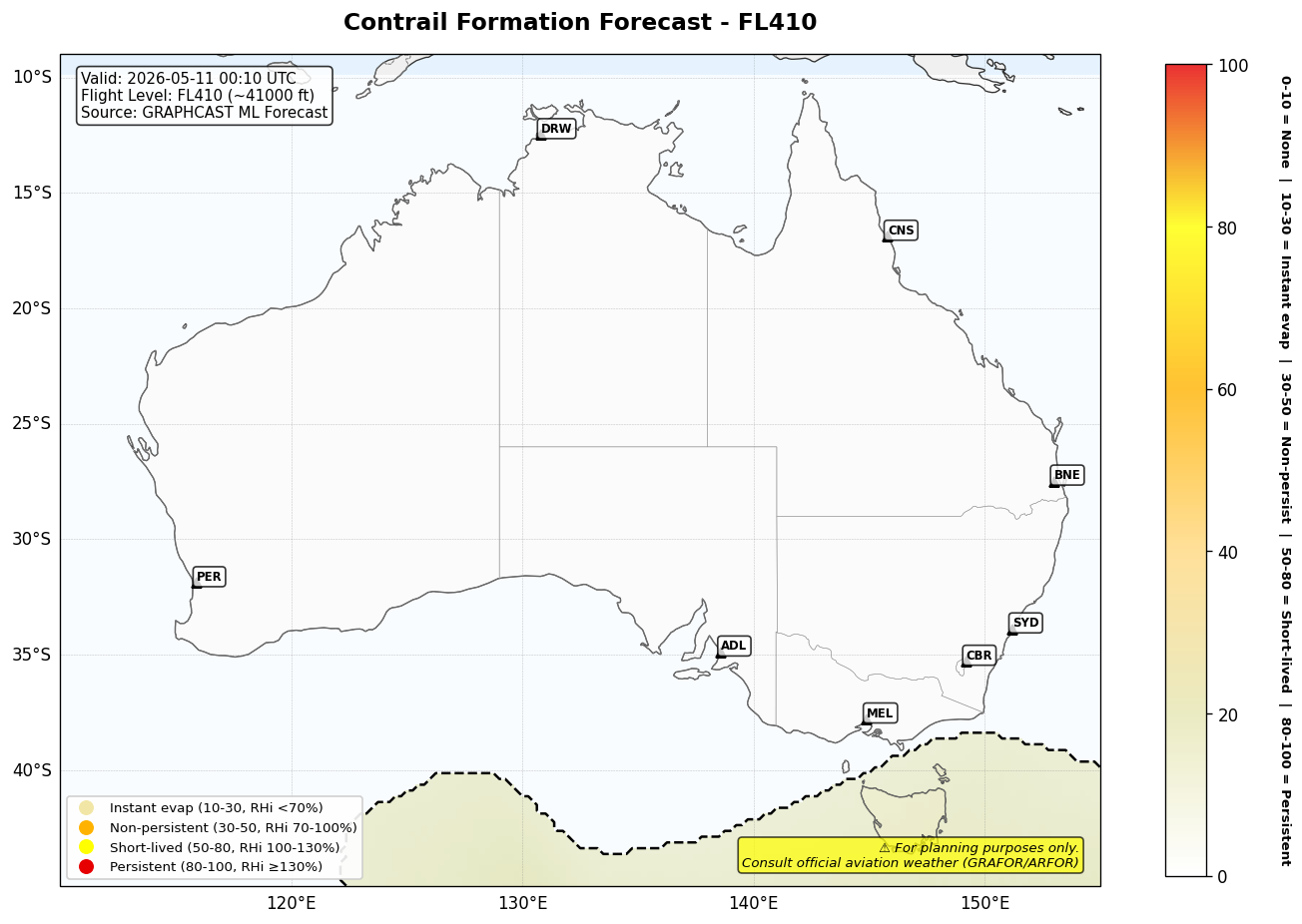 Contrail forecast for FL410 at 2026-05-11 00:10 UTC