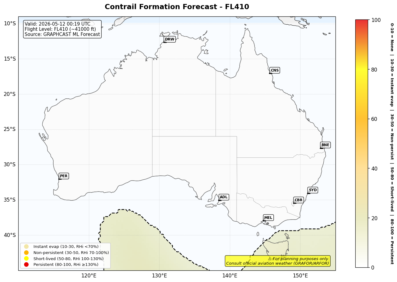 Contrail forecast for FL410 at 2026-05-12 00:19 UTC
