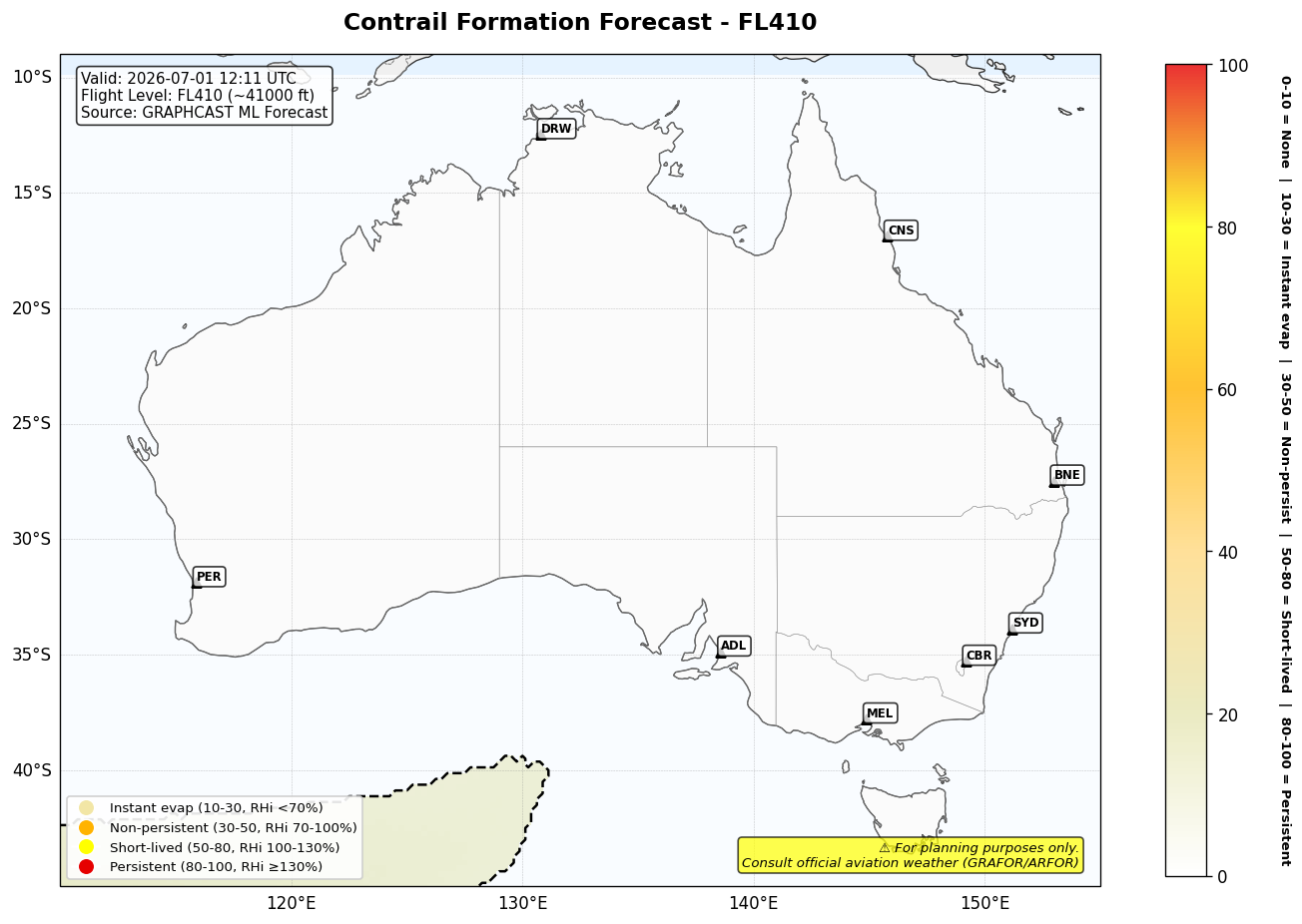 Contrail forecast for FL410 at 2026-07-01 12:11 UTC