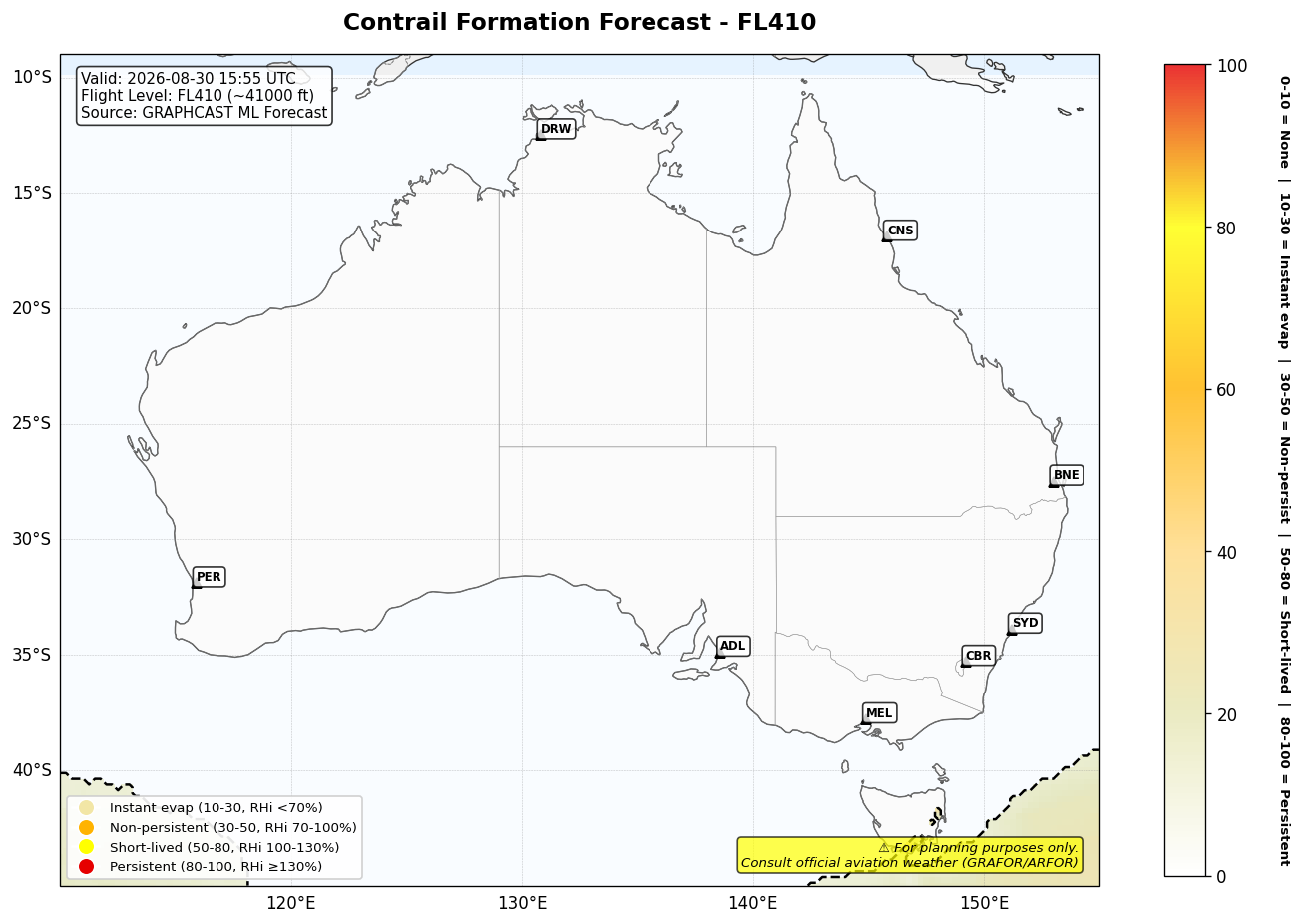 Contrail forecast for FL410 at 2026-08-30 15:55 UTC