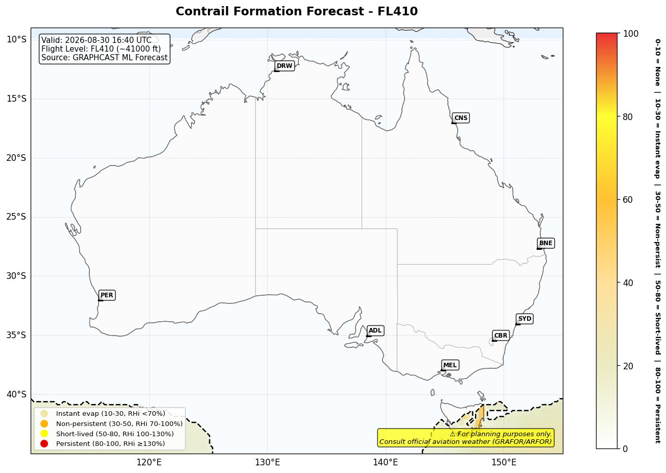 Contrail forecast for FL410 at 2026-08-30 16:40 UTC