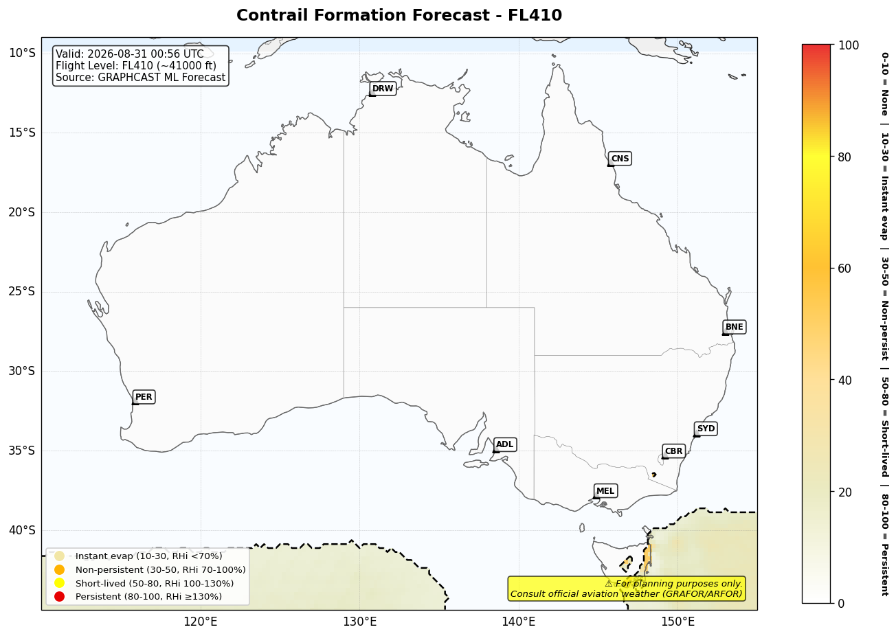 Contrail forecast for FL410 at 2026-08-31 00:56 UTC