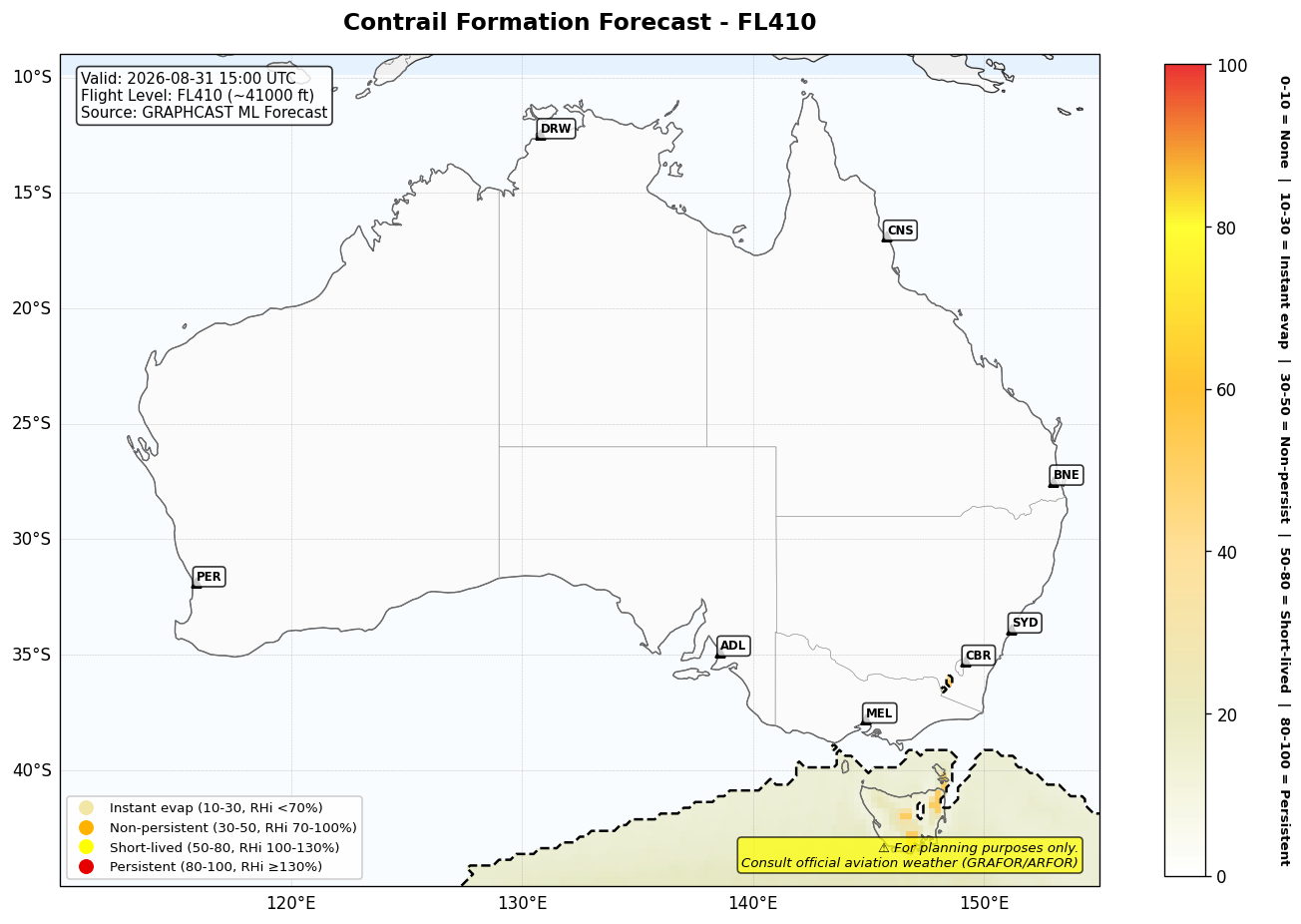 Contrail forecast for FL410 at 2026-08-31 15:00 UTC