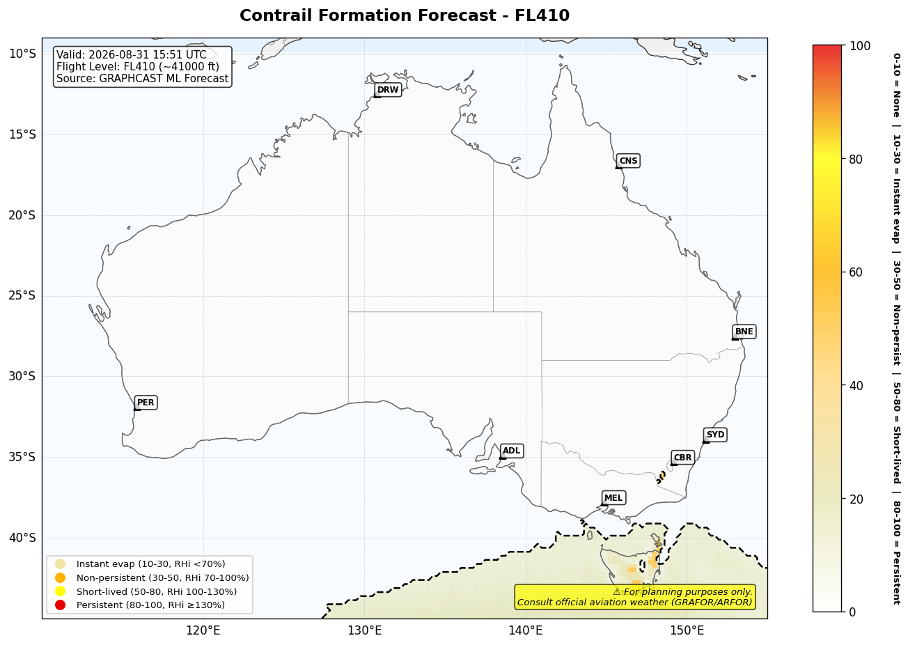 Contrail forecast for FL410 at 2026-08-31 15:51 UTC