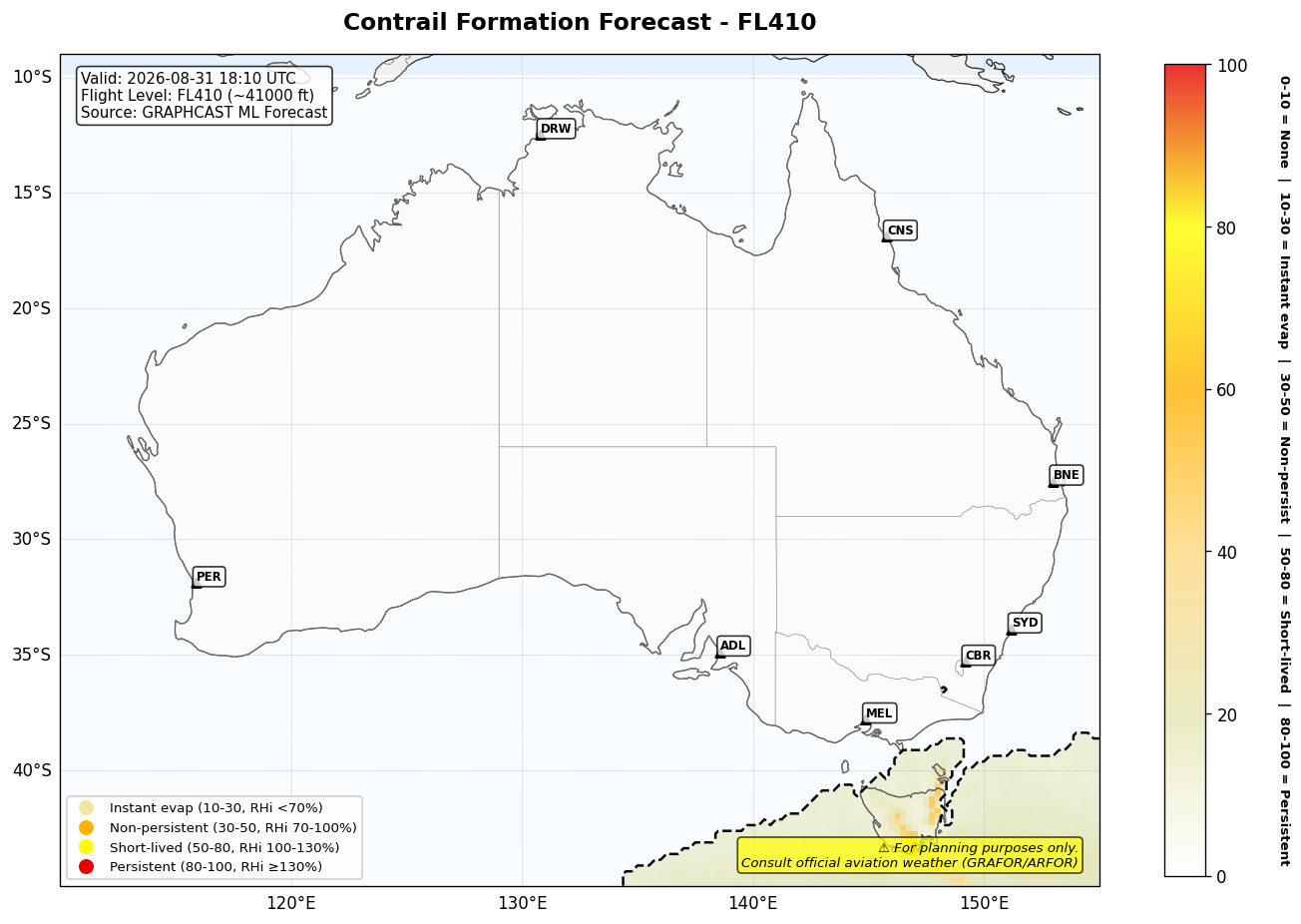 Contrail forecast for FL410 at 2026-08-31 18:10 UTC
