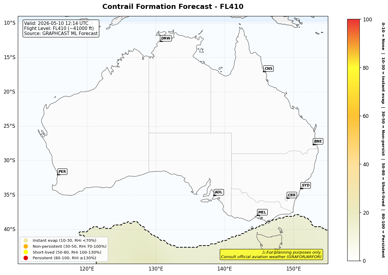 Contrail forecast for FL410 at 2026-05-10 12:14 UTC