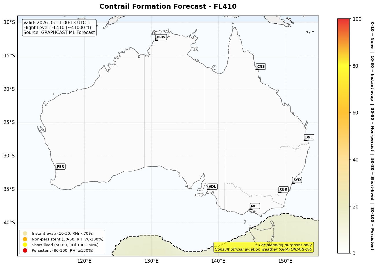 Contrail forecast for FL410 at 2026-05-11 00:13 UTC