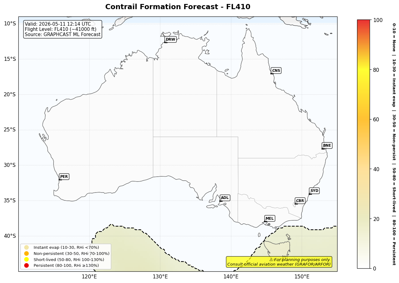 Contrail forecast for FL410 at 2026-05-11 12:14 UTC