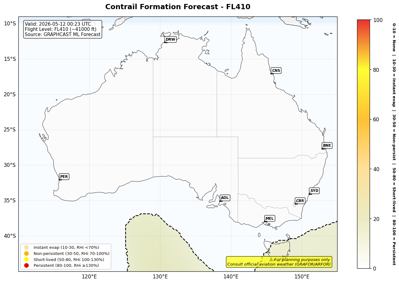 Contrail forecast for FL410 at 2026-05-12 00:23 UTC