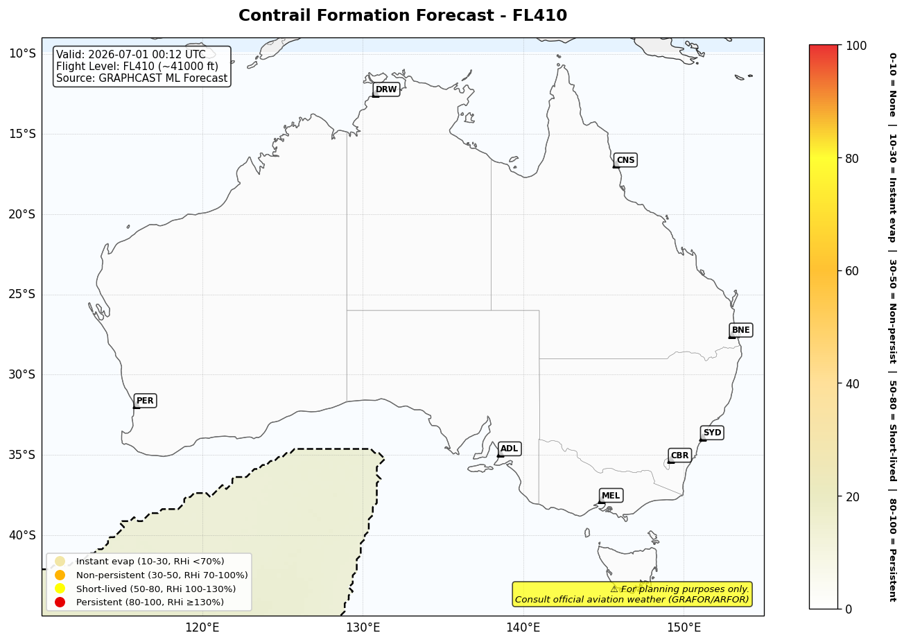 Contrail forecast for FL410 at 2026-07-01 00:12 UTC