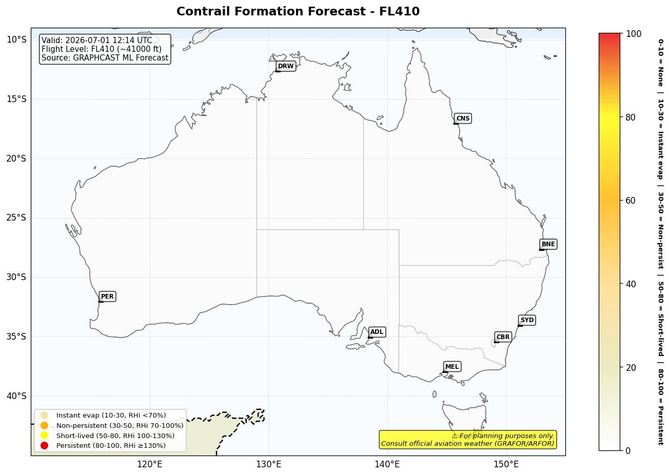 Contrail forecast for FL410 at 2026-07-01 12:14 UTC