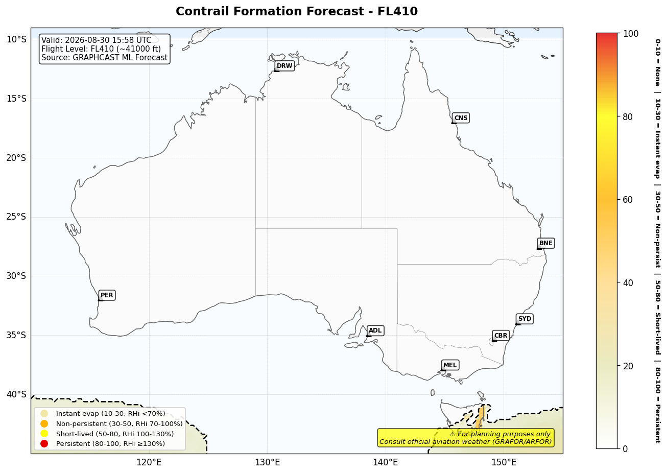 Contrail forecast for FL410 at 2026-08-30 15:58 UTC
