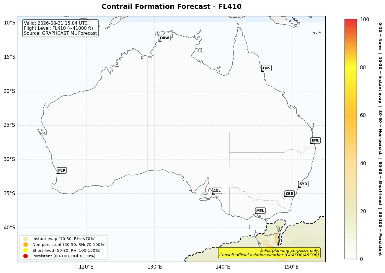 Contrail forecast for FL410 at 2026-08-31 15:04 UTC