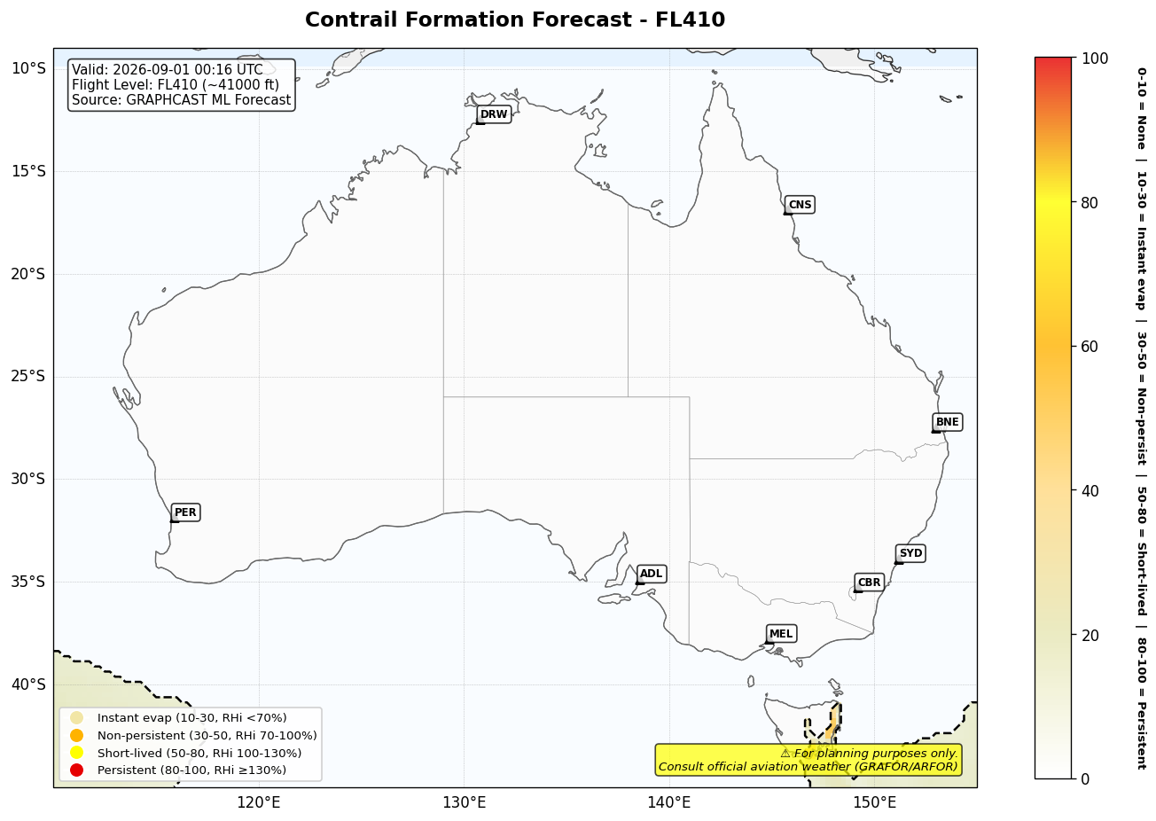Contrail forecast for FL410 at 2026-09-01 00:16 UTC