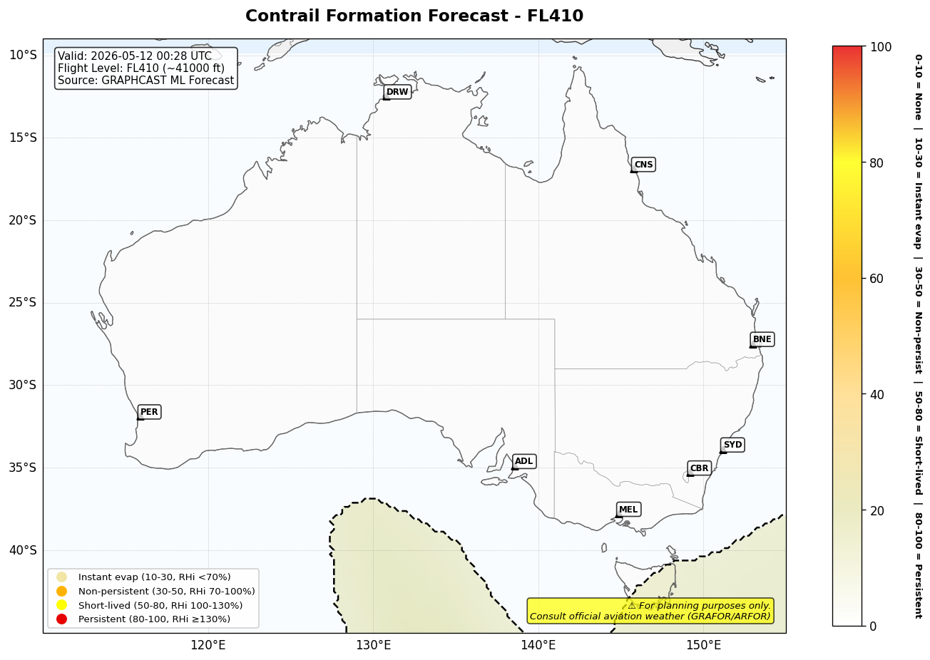 Contrail forecast for FL410 at 2026-05-12 00:28 UTC