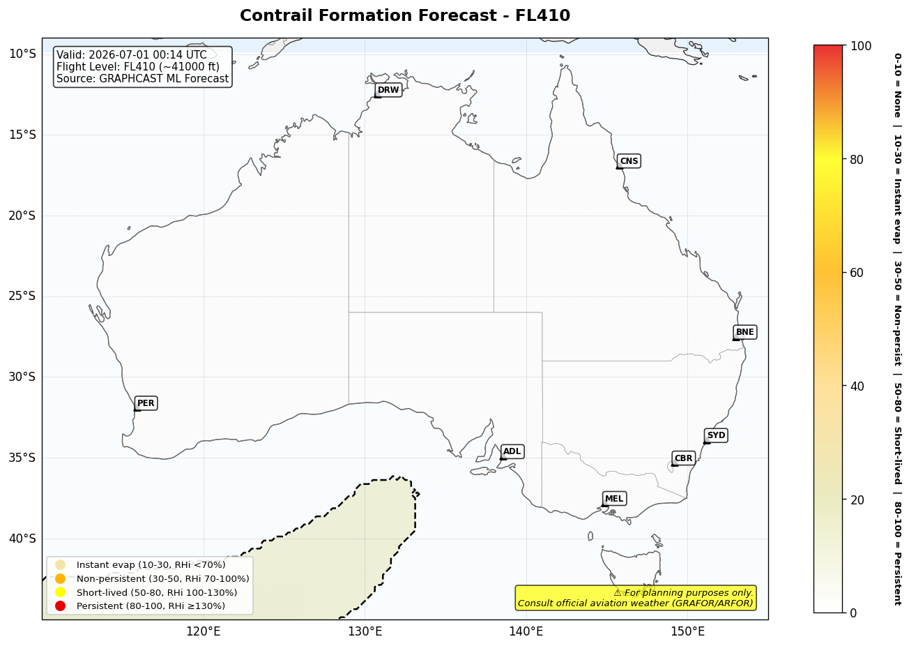 Contrail forecast for FL410 at 2026-07-01 00:14 UTC