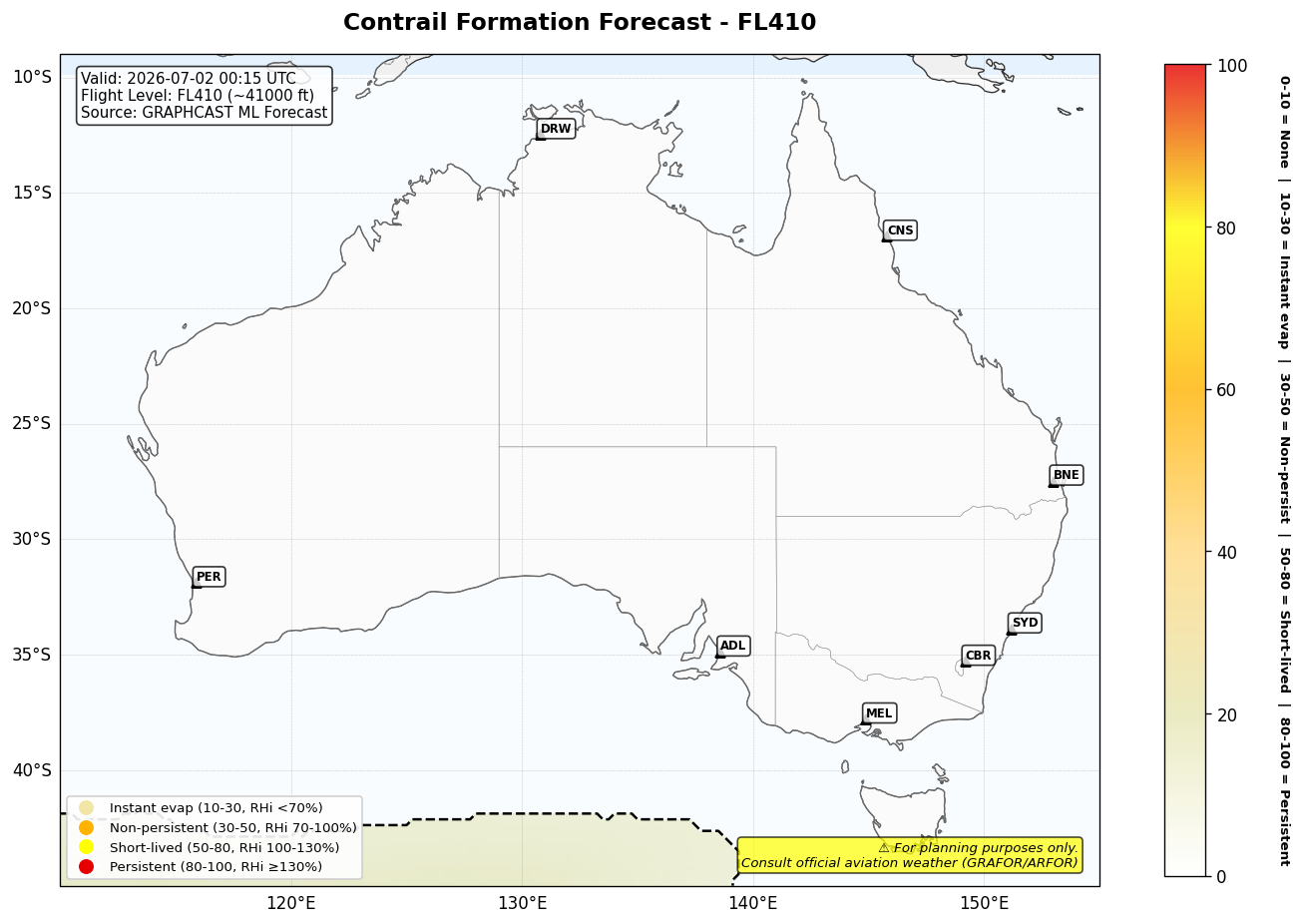Contrail forecast for FL410 at 2026-07-02 00:15 UTC